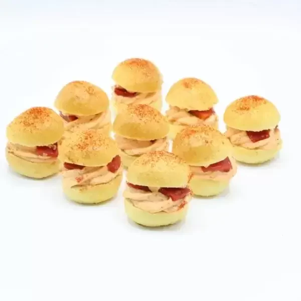 Brioche burger with grilled red pepper and smoked paprika cheese.